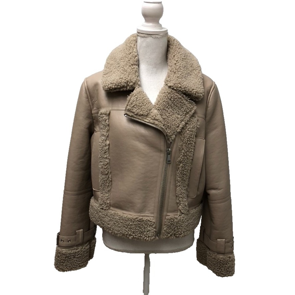 Apparis Vegan Faux Leather Moto Jacket Womens Large Beige Shearling Gorpcore